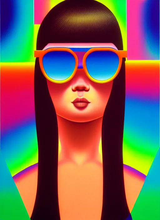 Image similar to cute girl with shades by shusei nagaoka, kaws, david rudnick, airbrush on canvas, pastell colours, cell shaded, 8 k