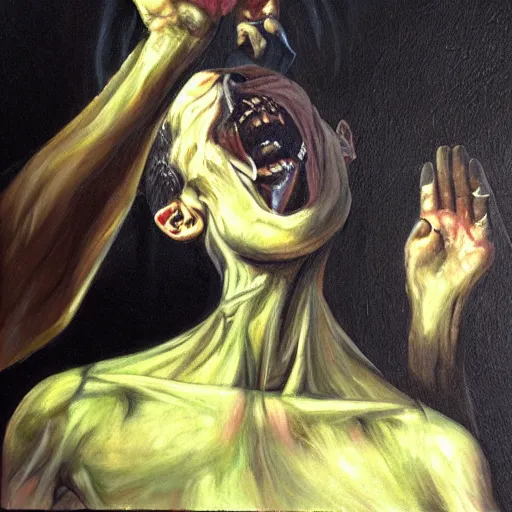 Prompt: dark magic excorcist performing an exorcism, oil painting,