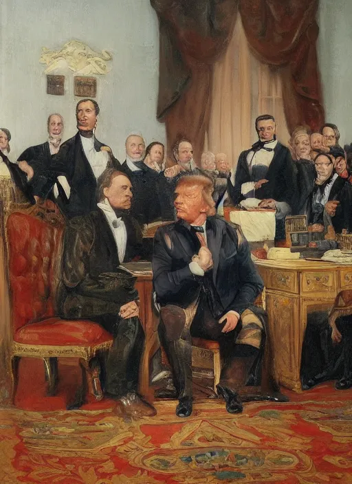 Image similar to portrait of the united states president, 1 8 6 7, donald trump. standing in the oval office. oil on canvas by william sidney mount, trending on artstation