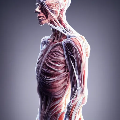 Prompt: a human - shaped anatomical ghost covered in fluid silk, ethereal, veins nerves, tendons wires, machines, highly detailed, backlit, dark atmosphere, octane render, unreal engine, photorealist, procedural light