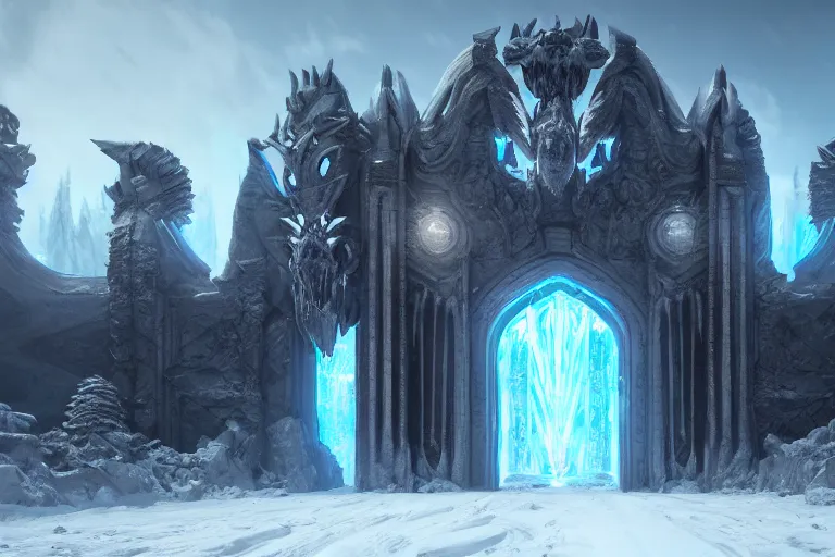 Prompt: a very detailed concept art of epic gates to frost, trending on artstation, symmetry, digital art, 4 k, hyper realistic, octane render, sharp focus