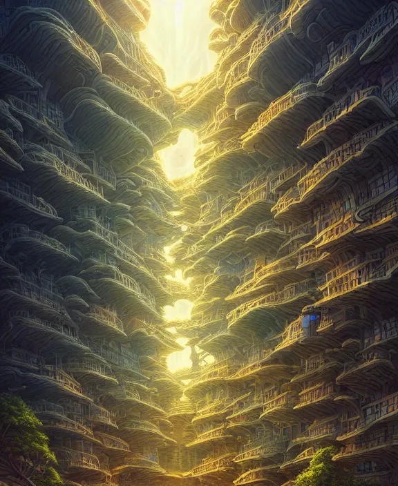 Image similar to a building made of exotic fungus, by dan mumford, yusuke murata, makoto shinkai, ross tran, cosmic, heavenly, god rays, intricate detail, cinematic, cel shaded, unreal engine, featured on artstation, pixiv