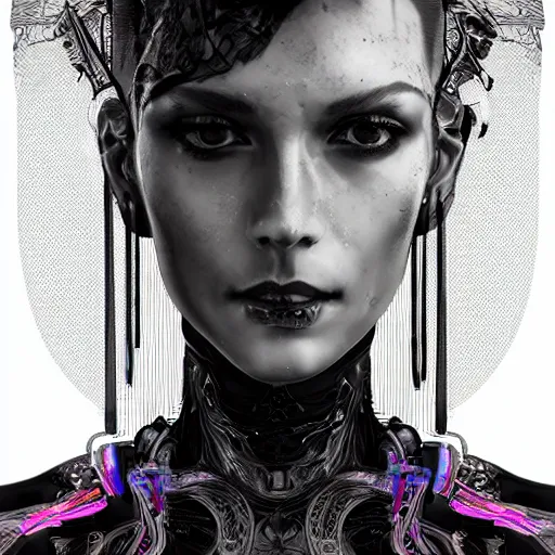 Image similar to the portrait of an absurdly beautiful, graceful, elegant, sophisticated, fashionable cyberpunk gravure idol, an ultrafine hyperdetailed illustration by kim jung gi, irakli nadar, intricate linework, bright colors, porcelain skin, unreal engine 5 highly rendered, fashion photography, global illumination, radiant light, detailed and intricate environment