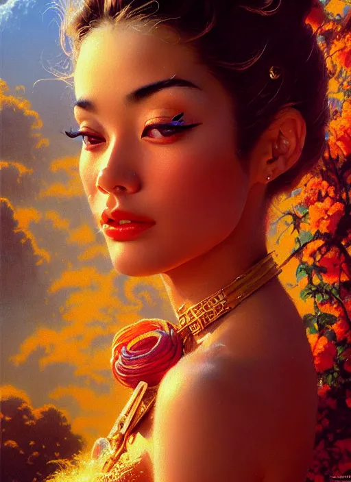 Prompt: extra perfectness women, sweetest face, close - up, expansive dress with treasure's, gorgeous, extremely high details quality, bao phan, viktor safonkin, bruce pennington, larry elmore, norman rockwell, intricate, hyperrealistic oil painting on canvas, deep depth field, hd, hdr, 4 k, 8 k