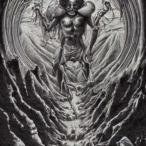 Image similar to mandrill descending from heaven, in the style of deathspell omega's fas album cover, illustration, detailed