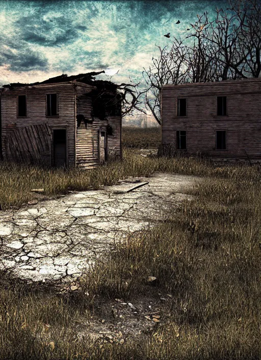 Prompt: abandoned town, one survivor, photorealistic, sunshine, digital painting