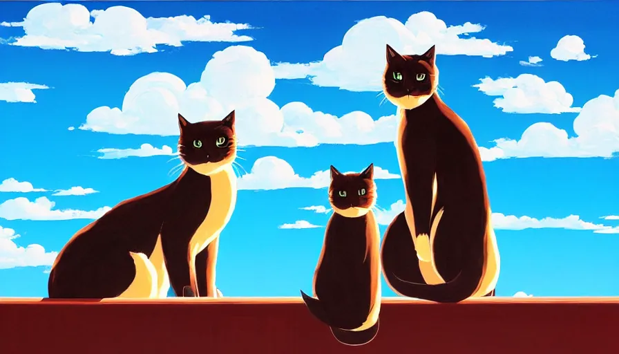 Prompt: contemporary semi abstract acrylic painting of really tall sitting cats by makoto shinkai, thick brush strokes and visible paint layers, glistening clouds in background