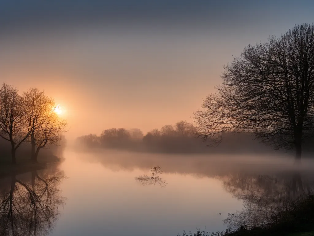 Image similar to A landscape photo taken by Kai Hornung of a river at dawn, misty, early morning sunlight, cold, chilly, two swans swim by, rural, English countryside