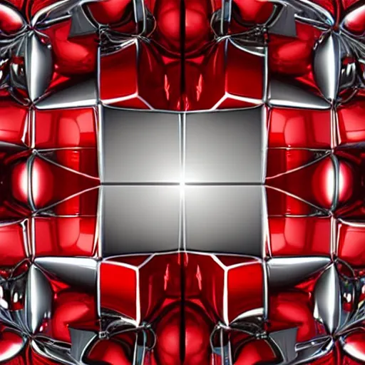 Prompt: chrome spheres on a red cube, droste effect