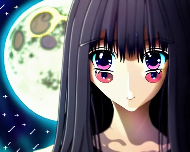 Prompt: hopeful moon goddess, hazel eyes, jet black hair, beautiful, symmetrical, anime, concept art, depth of field