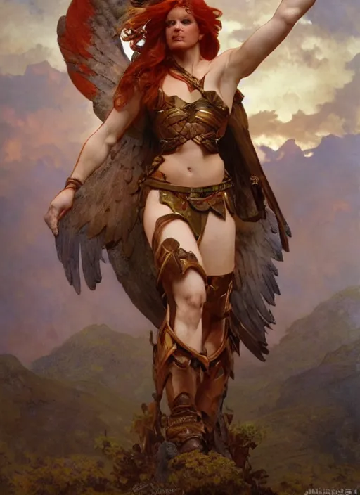 Image similar to face matte portrait of a beautiful red haired valkyrie in a heroic pose and wearing thick bronze plate armo art by albert bierstadt, alphonse mucha, andreas rocha, greg rutkowski, sharp edges. ultra clear detailed. 8 k. elegant. octane render