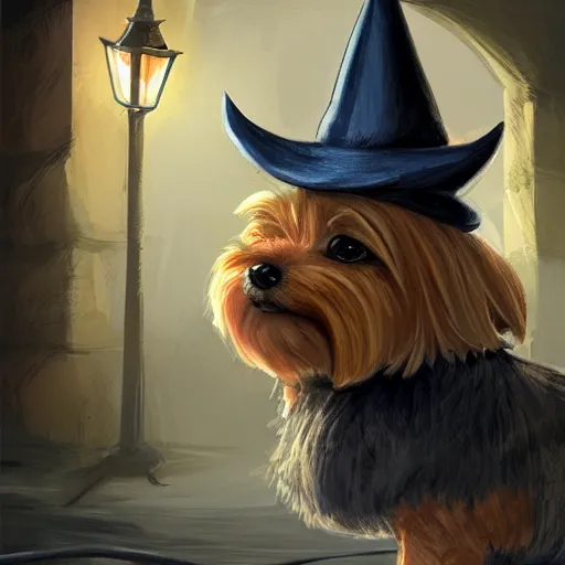 Prompt: detective yorkshire terrier wearing a wizard hat, in a dark alley, by D&D Concept Artists