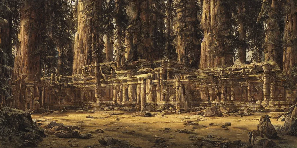 Prompt: a alien lost temple, by ivan shishkin, by james gurney, detailed, atmospheric, 8 k