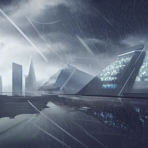 Prompt: futuristic pyramids, cyber city, dark ambient, storm, rain, hyper realistic, skylines, skyscrapers, flying cars, night, buildings, city lights, constructions, mist