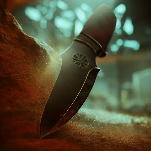 Image similar to fantasy knife, splash art, movie still, cinematic lighting, dramatic, octane render, long lens, shallow depth of field, bokeh, anamorphic lens flare, 8k, hyper detailed, 35mm film grain