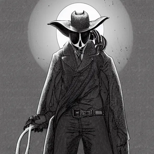 Prompt: a portrait of a plague doctor gunslinger, dark fantasy, horror, western, hell, ultrafine detailed digital pencil art by takeshi obata and mike mignola and greg rutkowski, death note style, colored, symmetric body, cgsociety, sharp focus, detailed face, looking at the camera