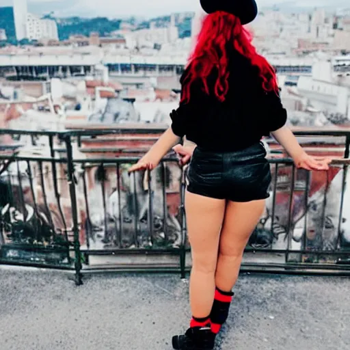 Image similar to Teenage girl, French girl, black beret, black beret with a red star, black shirt with red star, black leather shorts, rollerblading, rollerskates, grinding on railing, city on a hillside, colorful buildings, futuristic architecture