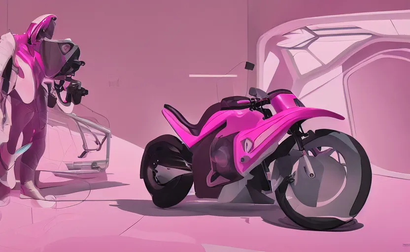 Prompt: a futuristic pink motorbike in a white room. organic painting, matte painting, bold shapes, hard edges, trending on artstation, by huang guangjian and sachin teng