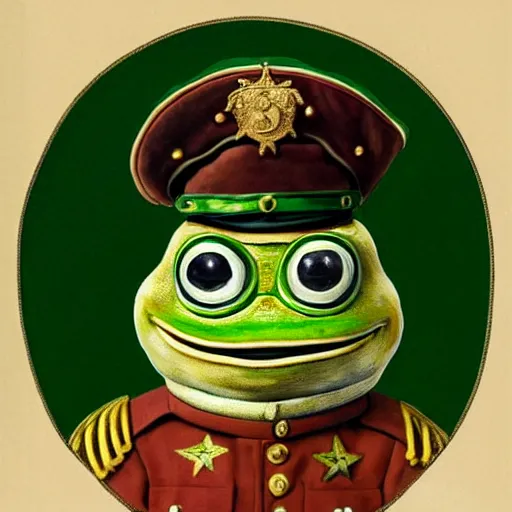 Image similar to pepe the frog as ww 1 german general, schirmmutzen, pickelhaube, elegant detailed painting by sandro botticelli, uncropped