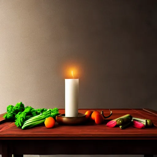 Image similar to a large vase on top of a antique wooden table, vegetables on table and candle, medieval concept art, cinematic lightning and colors, vray tracing, rendered in unreal engine, dark lightning, contrast shadows