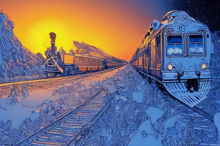 Image similar to trans - siberian express train illustration by joe fenton and syd mead and p. craig russell and barry windsor - smith, artstation, 4 k, graphic novel, concept art, matte painting, beautiful russian winter landscape sunset background, golden hour, art nouveau