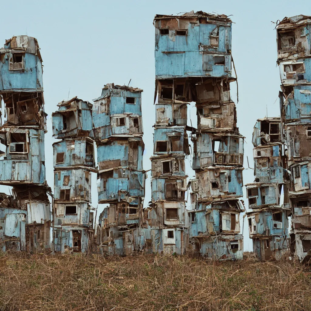 Image similar to close - up towers made up of makeshift squatter shacks with faded colours, plain uniform light blue sky, dystopia, mamiya, very detailed, ultra sharp, photographed by john chiara