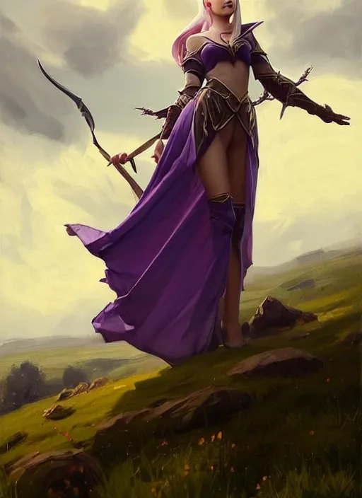 Prompt: portrait of Syndra from League of Legends medieval dress, countryside, calm, fantasy character portrait, dynamic pose, above view, sunny day, thunder clouds in the sky, artwork by Jeremy Lipkin and Giuseppe Dangelico Pino and Michael Garmash and Rob Rey, very coherent asymmetrical artwork, sharp edges, perfect face, simple form, 100mm