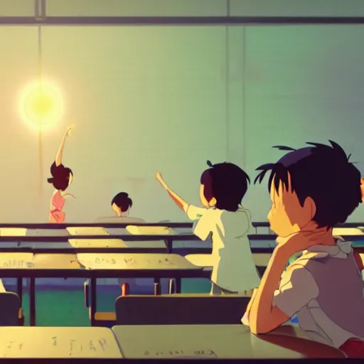 Prompt: very motivated children in a classroom ( students are raising their hand ), detailed, cory loftis, james gilleard, atey ghailan, makoto shinkai, goro fujita, studio ghibli, rim light, exquisite lighting, clear focus, very coherent, plain background