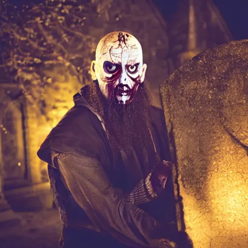 Image similar to head and shoulders photo portrait of a male medieval villager zombie in a nighttime medieval graveyard, d & d