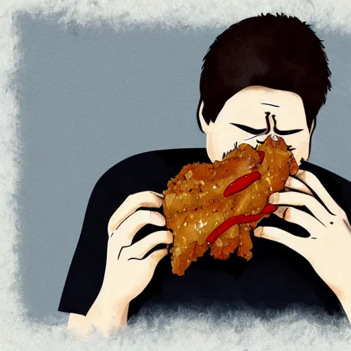 Image similar to sad man with crying eyes eating fried chicken, digital painting, artstation, rule of thirds