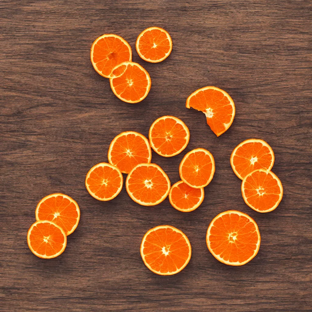 Prompt: top-down view with orange slice on top of a wooden table, 4k, photorealistic