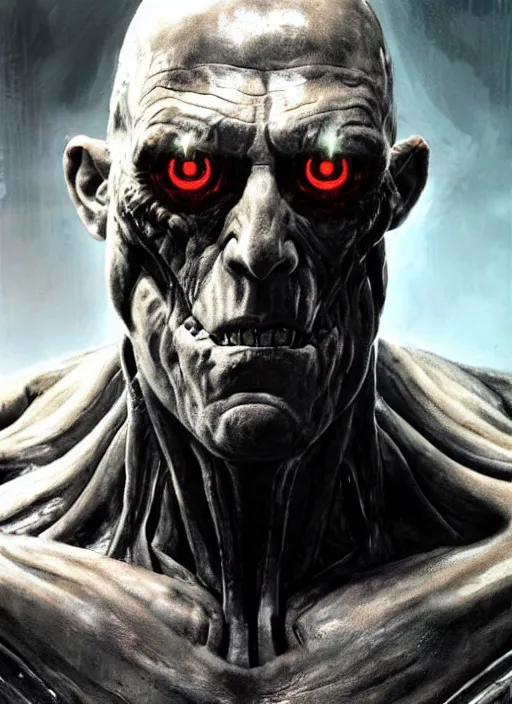 Image similar to michael berryman as victor stone, full body concept, cyborg, borg, strogg, face of a man, terminator, flesh, quake strogg, doom demon, wolfenstein, monstrous, powerful, symmetry, symmetrical, concept art by ruan jia and greg rutkowski