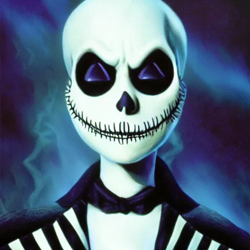 Image similar to macaulay culkin is jack skellington in a nightmare before christmas, airbrush anime art, drew struzan illustration art, key art, movie poster