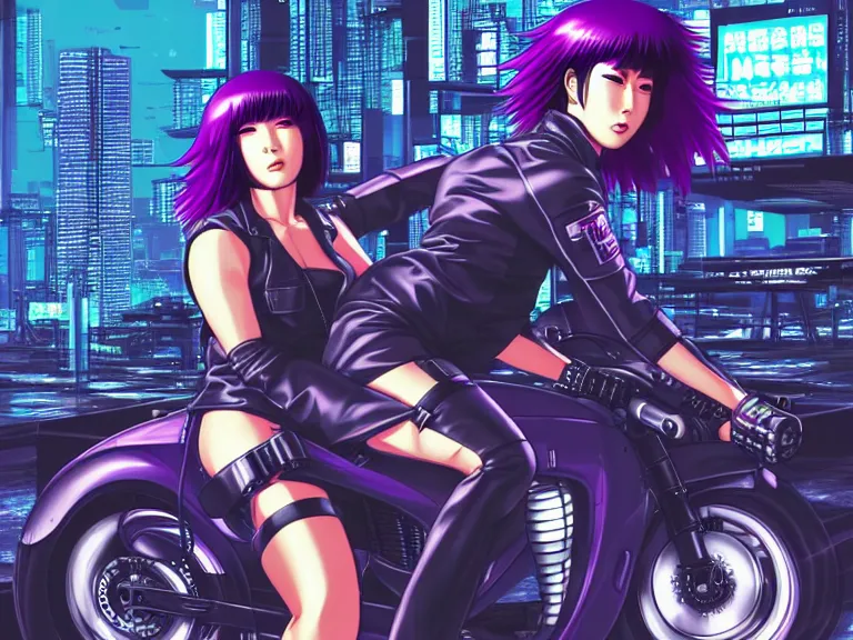 Image similar to motoko kusanagi riding a cyberpunk vehicle in a grungy cyberpunk megacity, bosozoku gang war, cyberpunk vaporwave, by phil jimenez, artgerm, sola digital arts, anti aliasing, raytracing