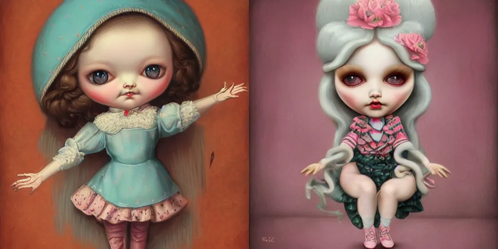 Prompt: cute pocelain doll, Mark Ryden style, highly detailed, digital painting, artstation, concept art, smooth, sharp focus, illustration, W 768