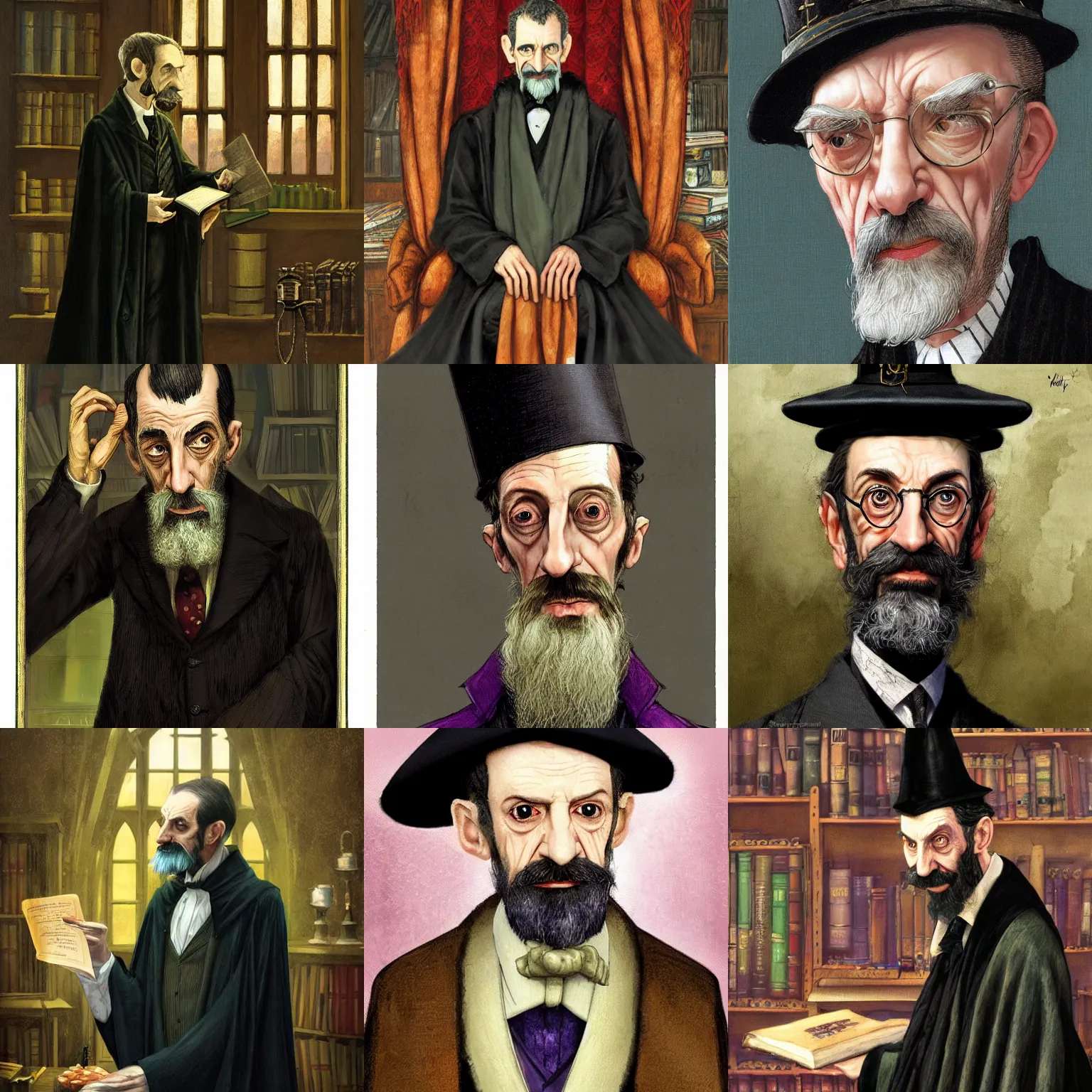 Prompt: Lord Havelock Vetinari as a shady, cryptic headmaster of Hogwarts, School of Witchcraft and Wizardry, detailed, hyperrealistic, colorful, cinematic lighting, digital art by Paul Kidby and Jim Kay