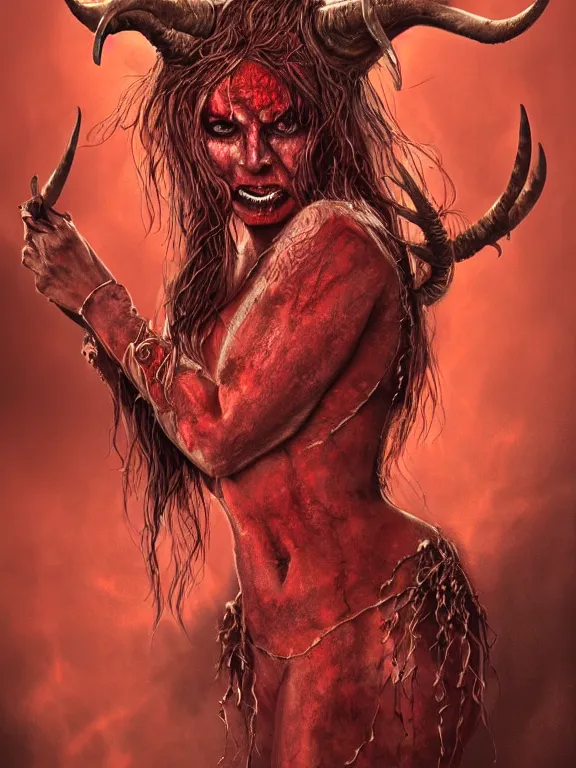 Prompt: a horned female demon with red skin, wrapped in barbed wire, extremely high detail, realistic, fantasy art, solo, masterpiece