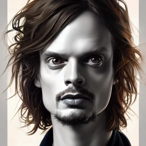 Image similar to symmetry portrait of matthew gray gubler, intricate, elegant, highly detailed, digital painting, artstation, concept art, smooth, sharp focus, illustration, art by artgerm and greg rutkowski and alphonse mucha