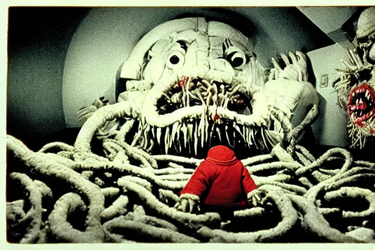 Image similar to scary filmic wide shot angle movie still 35mm film color photograph of a disturbing and horrifying creature scene from The Thing 1982 in the style of a horror film