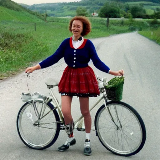 Prompt: a shy young woman is seen riding her bicycle while posing for a photograph in the 1 9 9 0 s on a rural road. she's dressed in a vintage alpine dirndl, a wool cardigan, brogue - style shoes, and bobby socks.