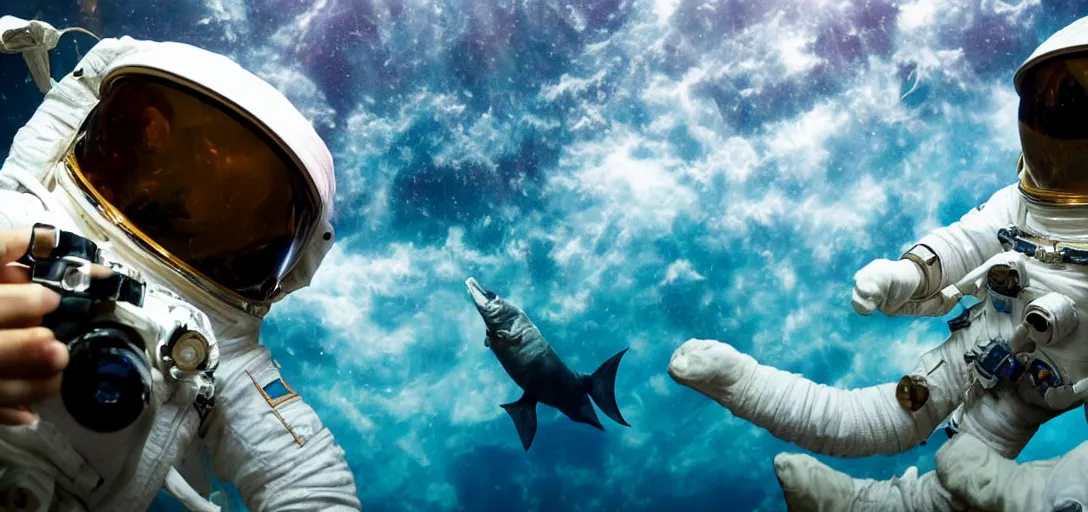 Image similar to Astronaut taking a picture of fish swimming in Space