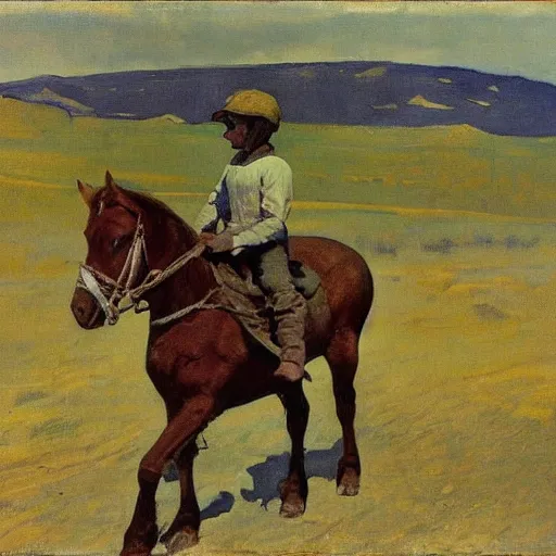 Prompt: A bare-chested boy wearing sunglasses riding a brown horse through the mountains. by Valentin Serov, Mikhail Vrubel, Nesterov, Adrian Ghenie. Terrence Malick and Tarkovsky