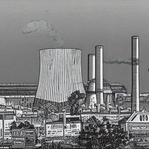 Prompt: utopian nuclear power station in a peaceful city with trams, drones and crowds, in the style of Edwin La Dell, post-war