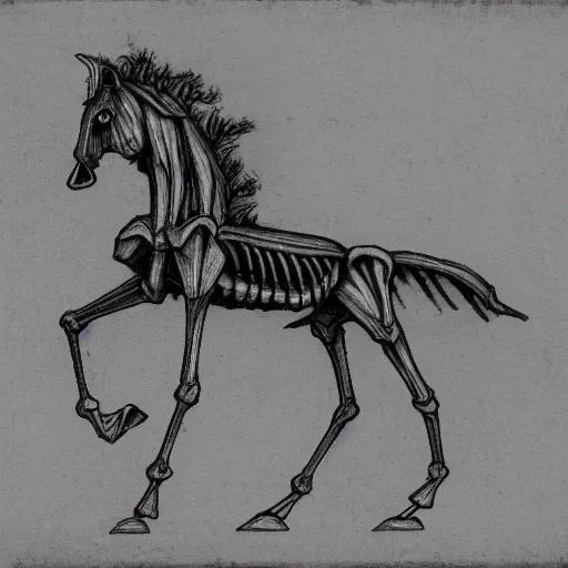 Prompt: a dark skeleton horse, fully skeletal horse, death