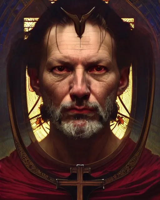 Image similar to realistic portrait of a nasty bishop, inverted cross, evil, heroic pose, beautiful face, bible, full body, dramatic lighting, intricate, wild, highly detailed, digital painting, artstation, concept art, smooth, sharp focus, illustration, art by artgerm and greg rutkowski and alphonse mucha, footage from space camera