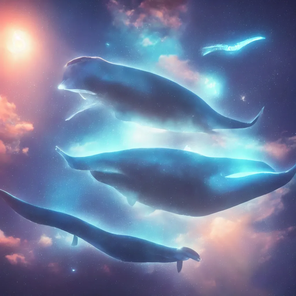 Image similar to a giant blue whale dreaming of his future in space, unreal engine 5, perspective 3 d octane render, psychedelc colors, byyoshita amano, by pixar, 8 k, light rays, lens flare, epic, hyperdetailed