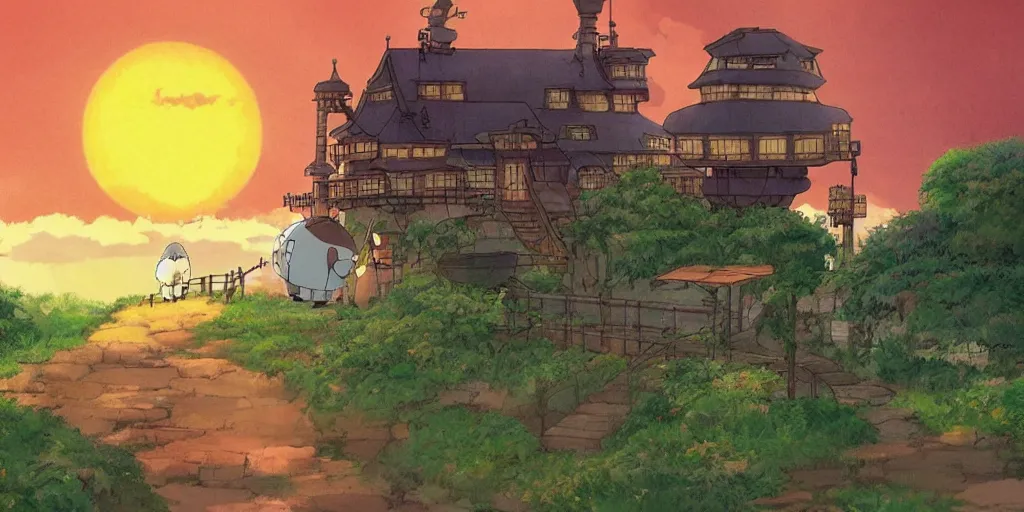 Prompt: a sunset railroad environment in the studio ghibli style, ghibli, my neighbor totoro, spirited away, castle in the sky