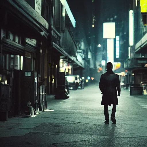 Prompt: jon snow walking on the sidewalk in a cyberpunk city late at night, wide - angle, photographed on colour expired film, detailed photograph