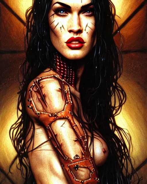 Image similar to portrait of megan fox as pinhead, bald, hellraiser, xenobite, lament configuration, hell, intricate, headshot, highly detailed, digital painting, artstation, concept art, sharp focus, cinematic lighting, illustration, art by artgerm and greg rutkowski, alphonse mucha, cgsociety