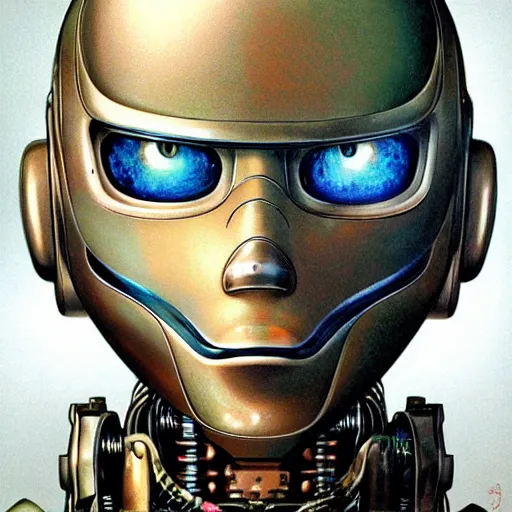 Prompt: a simple concept art portrait of a robot. an award winning yoshitaka amano digital art poster color painting. a masterpiece by james gurney. poster colour on canvas.